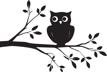 Owl sitting on branch silhouette black vector on white background