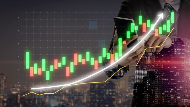 A businessman studies financial data on his smartphone, focusing on stock market trends with candlestick graphs. The vibrant city skyline adds to the dynamic atmosphere. Copula - Powered by Adobe