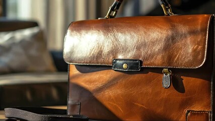 A polished brown leather briefcase with a handle and clasp rests on a surface indoors Sunlight highlights the textured material while a blurred living area sits in the background