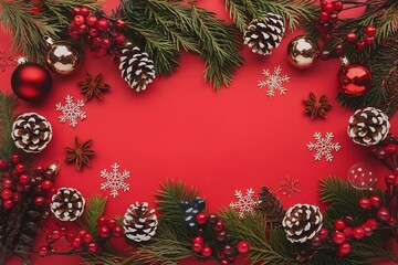 christmas decoration on red background Merry Christmas and Happy Holidays greeting card, frame, banner. New Year. Noel. Red and white Christmas decorations and g top view. Winter xmas holiday celebrat