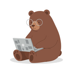Bear with glasses working on a laptop.