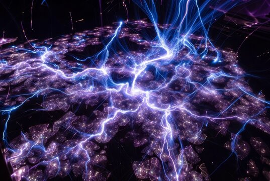 Abstract Energy: A mesmerizing display of abstract energy, with vibrant blue and purple tendrils illuminating a complex, dynamic structure, hinting at unseen forces. - Powered by Adobe