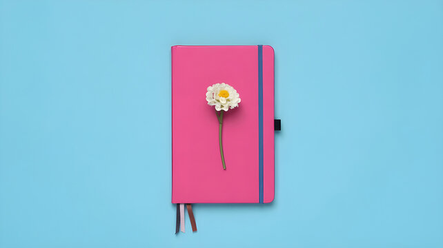Vibrant pink journal with delicate white flower on light blue backdrop, perfect for creative inspiration and mindful planning,
