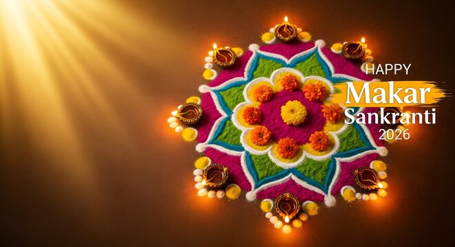 Vibrant Makar Sankranti 2026 rangoli design with colorful patterns, glowing diyas, marigold flowers, and warm sunlight, symbolizing festive celebration, positivity, and Indian cultural tradition.