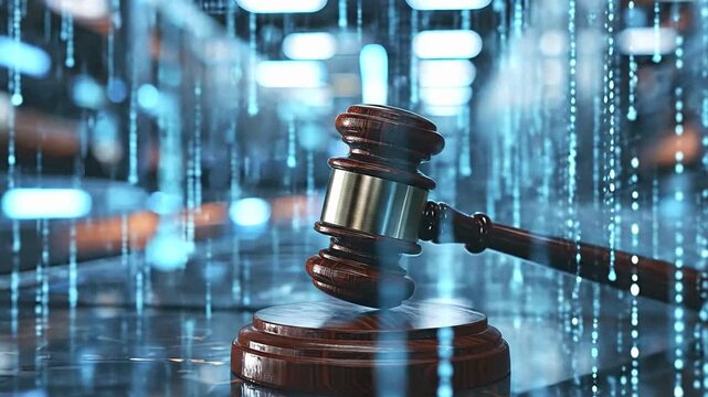 A polished wooden gavel rests on its block surrounded by vertical streams of glowing blue digital light