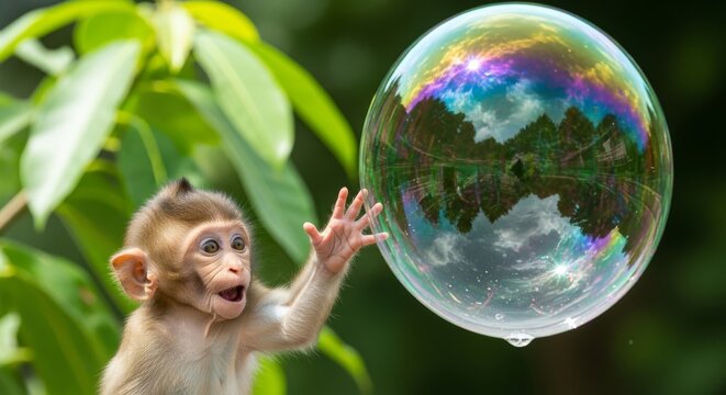 A curious monkey reaches out to touch a large, iridescent soap bubble, with a surprised expression.