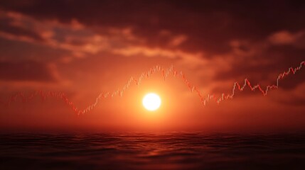 A dynamic financial market graph rises over a vibrant red ocean sunset symbolizing economic growth and market trends