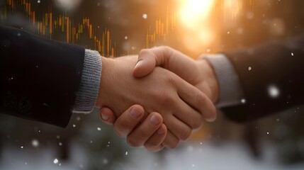 A symbolic handshake between two professionals representing a business deal amidst winter s golden hour and financial market data