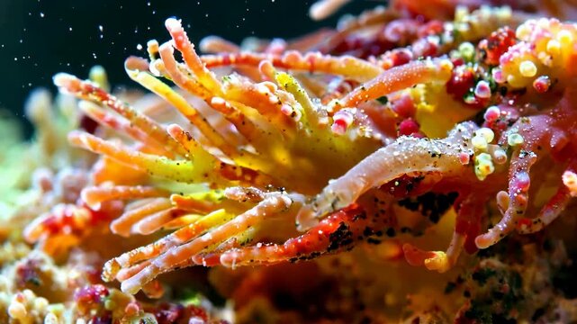 Macro video of a vibrant marine invertebrate with intricate orange, yellow, and red polyps gently