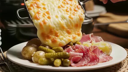Succulent steak and colorful vegetables sizzling in a skillet on a rustic table, capturing the hearty concept of American comfort food, perfect for cooking show backgrounds or restaurant.