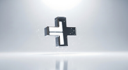 Metallic plus sign floating against a gradated background with glowing particles