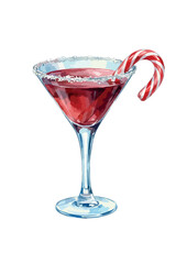 Christmas Cosmo with candy cane - vector watercolor cocktail illustration