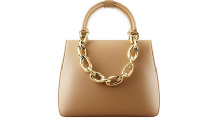 Elegant beige handbag with gold chain detail on a black studio background shot on transparent background