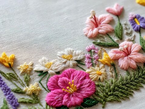 Beautiful embroidery of flowers in a colorful design on fabric