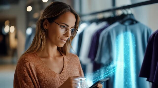 A stylish woman interacts with a futuristic AR interface, selecting virtual clothes in a trendy retail environment. The scene highlights advanced technology in contemporary fashion shopping