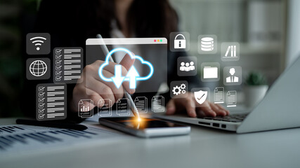 Cloud upload and download icon with surrounding data management, security, and analytics icons in digital interface Parse