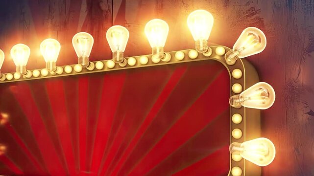 A rectangular marquee sign with a gold frame and exposed glowing incandescent bulbs The center features a red radiating stripe pattern