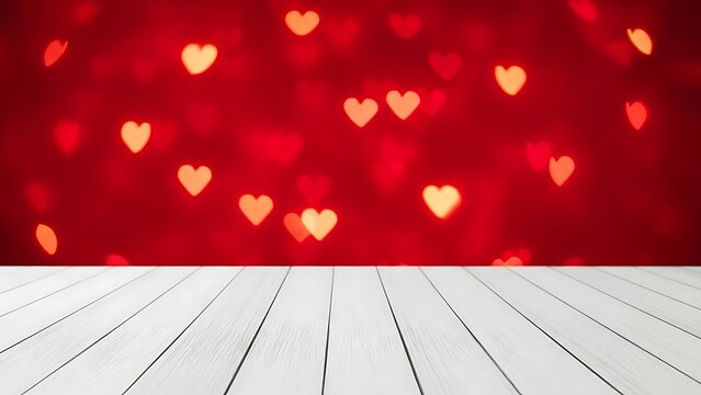 Romantic red heart bokeh background with white wooden floor for valentine s day