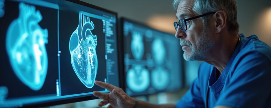 Doctor analyzes heart scan on monitor. Medical professional examines patient x-ray. Healthcare specialist studies cardiac images. Radiology tech reviews medical imaging, diagnosis.