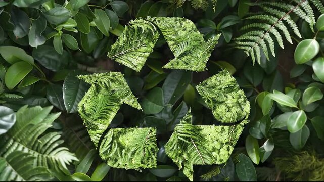A recycling symbol made of green fern leaves on a background of foliage