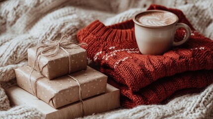 Cozy holiday scene with wrapped gifts, hot chocolate, and a red sweater on a soft blanket, with space for seasonal text
