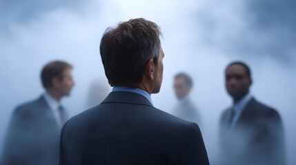 Businessmen in suits standing in dense fog looking towards an uncertain future