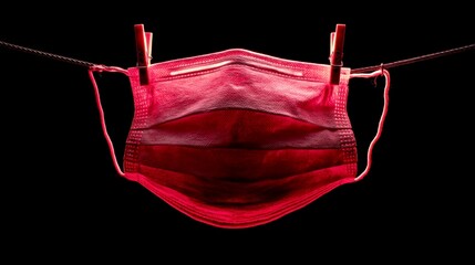Red surgical mask hanging on a clothesline with black background displaying its detail and texture during health awareness campaign