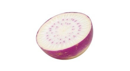 Cross section of a fresh purple turnip showing its white flesh and small purple dots, isolated on transparent background