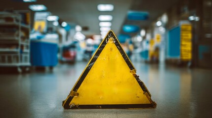 Caution sign placed on the floor in a hospital corridor warning about wet surfaces or hazards in a busy healthcare environment