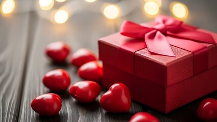 Red gift box and heart shaped candies on dark wood for valentine s day