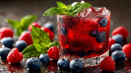 Refreshing summer cocktail with berries and mint served in a glass on a dark background