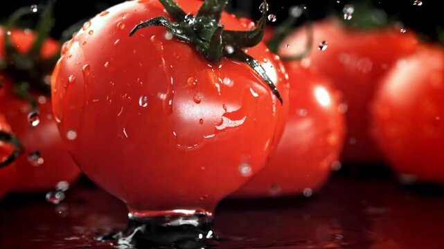 The tomato falls on a wet table. Filmed on a high-speed camera at 1000 fps. High quality FullHD footage