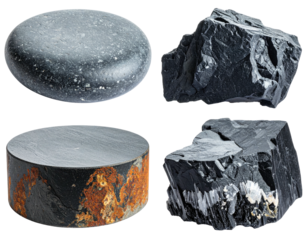 Four different shaped examples of dark-colored mineral rocks in various forms