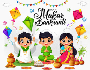 Cute Kids Celebrating Makar Sankranti with Kites and Traditional Sweets – Festival Illustration