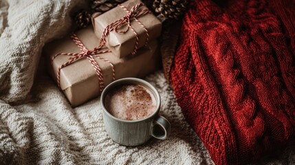 Cozy holiday scene with wrapped gifts, hot chocolate, and a red sweater on a soft blanket, with space for seasonal text