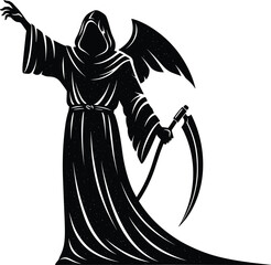 Grim Reaper Angel of Death Black Vector Silhouette, Hooded Figure with Scythe and Wings Drawing, Death Symbol Skeleton Illustration, Halloween Horror Poster Design