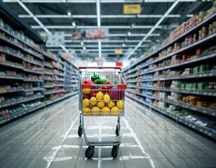 Shopping Cart Filled with Groceries in Supermarket Aisle