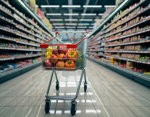 Shopping Cart Filled with Fresh Produce in Supermarket Aisle