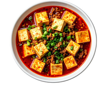 A top-down flat-lay of Ma Po Dou Fu in a white bowl, showing soft tofu cubes in vibra 