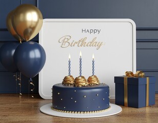 Elegant Blue and Gold Birthday Cake Celebration Setup