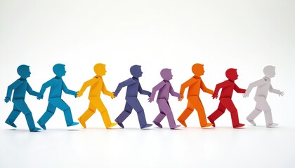 Colorful paper figures walk together in chain. Diverse group collaborates on teamwork project. Paper origami symbolizes unity, connection among people. This image represents cooperation, shared goals.