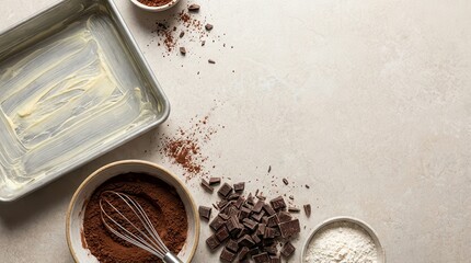 Overhead view of baking ingredients on kitchen table preparing for delicious desserts