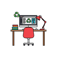Promote Sustainability with a Modern Office Setup Featuring Recycling Icons on a Computer, Lamp, Books, and Chair for a Clean Environment Concept
