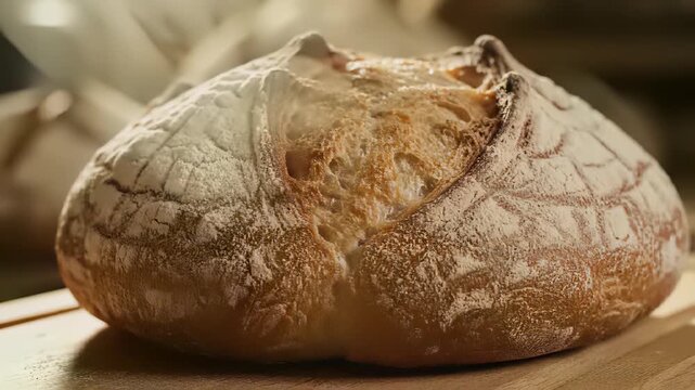 Freshly baked loaf of bread sits proudly on a wooden table, capturing the essence of home cooking and conveying warmth, comfort, and nourishment in editorial or commercial contexts.
