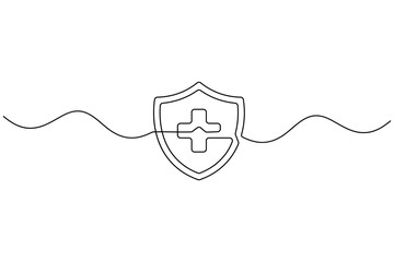Obraz premium Continuous line drawing of a medical shield with a cross, symbolizing health protection