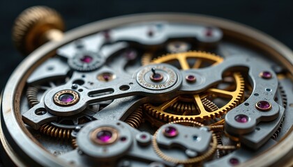 Close-up view of intricate mechanical watch movement with gears and jewels. Tiny precision parts assemble clockwork mechanism, showing complex engineering and craftsmanship detail.