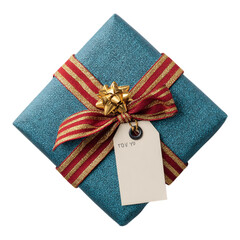 Christmas gift box present with blank tag, ribbon and pine branch on transparent background