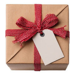 Christmas gift box present with blank tag, ribbon and pine branch on transparent background