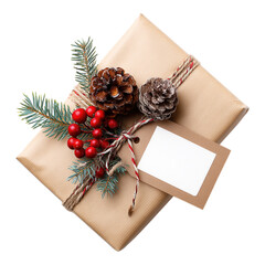 Christmas gift box present with blank tag, ribbon and pine branch on transparent background