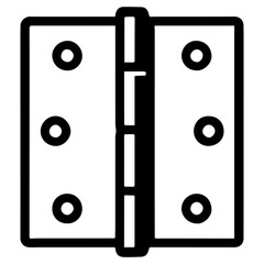 Minimalist line icon of a metal door hinge with six screw holes and a central pin, drawn in a clean black outline&mdash;ideal for hardware catalogs, manuals, and UI design.